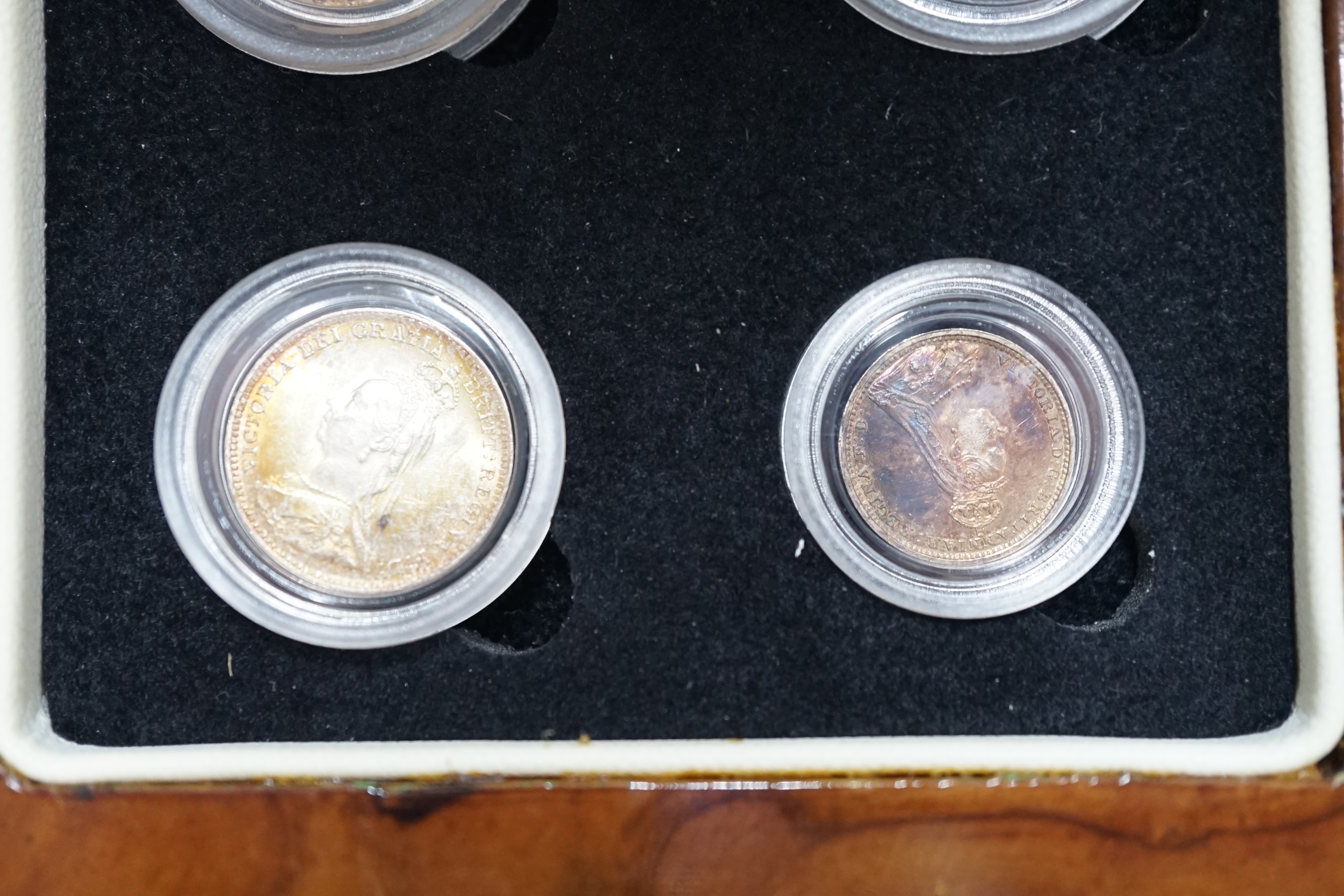 British silver coins, Victoria Jubilee portrait four coin set of Maundy coins 1892, toned UNC, in London mint case